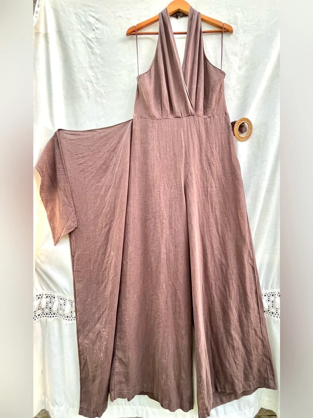 Zara Rami Jumpsuit Halterneck Crossover V-Neck Pareo w Buckle Open Back Brown L